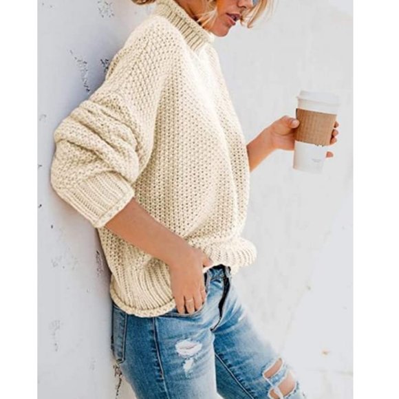 Beige Chunky Knitted Pullover Sweater Large - Picture 2 of 4